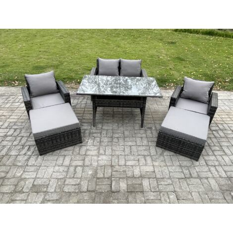 Fimous 6 places Dos haut Salon de jardin exterieur en resine Ensemble canapé et table à manger avec Fauteuils 2 Grands Tabourets Gris foncé mélangé