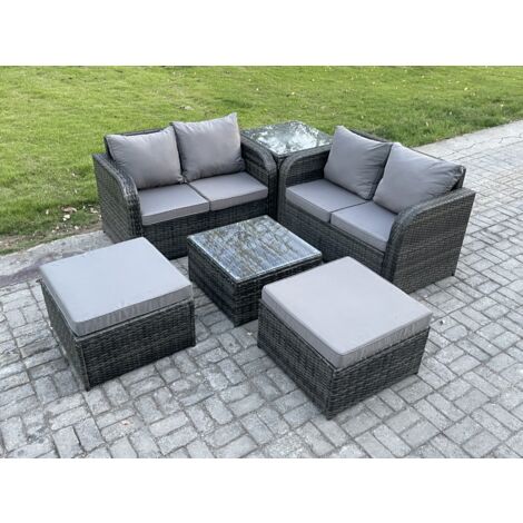 Fimous 6 places Dossier haut Salon de jardin avec Table basse carrée 2 Grand tabourets Canapé d'amour Ensemble de canapés en rotin Gris foncé mixte
