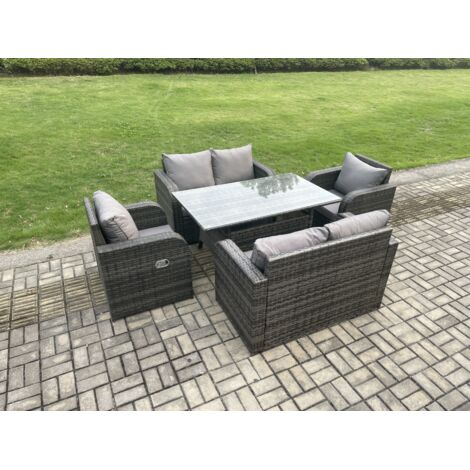 Fimous 6 places Ensemble de canapés de jardin en rotin Table à manger rectangulaire avec Fauteuils canapé deux places Gris foncé mélangé