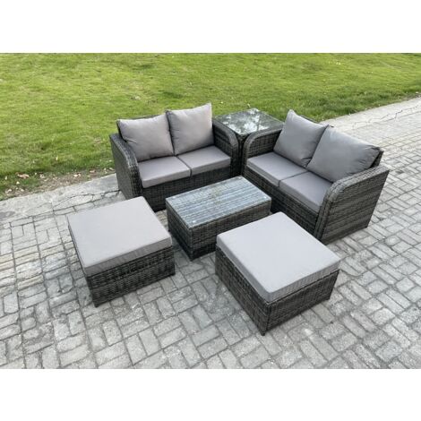 Fimous 6 places Ensemble de meubles de jardin Canapés de terrasse Fauteuil avec Table en verre trempé 2 Grand tabourets Table d'appoint Gris foncé mixte