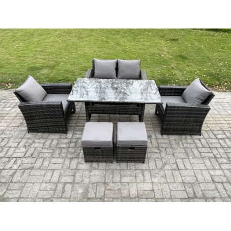 Fimous 6 places Ensemble de meubles de jardin en polyrotin avec Table à manger rectangulaire Canapé avec 2 Petits repose-pieds