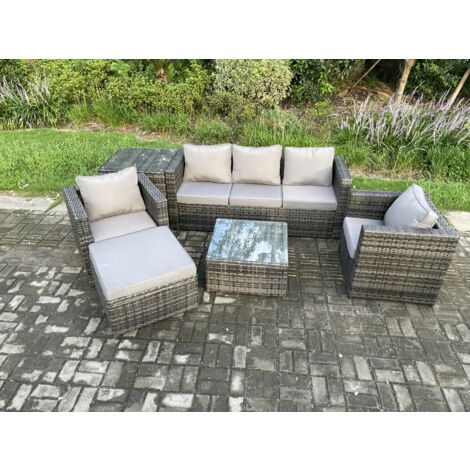 Fimous 6 places Ensemble de meubles de jardin en rotin avec Fauteuil Table basse carrée grand tabouret Mélange gris foncé