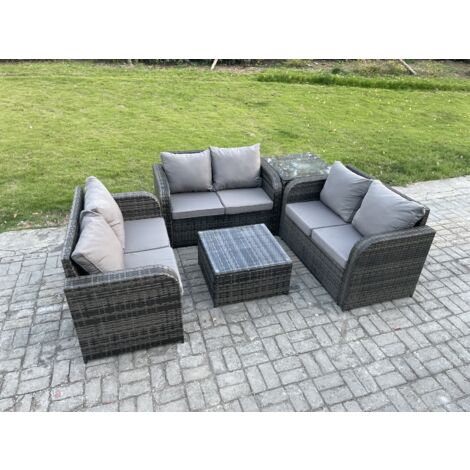 Fimous 6 places Ensemble de meubles de jardin en rotin avec Table basse carrée Love Sofa 2 Petits poufs Tables d'appoint