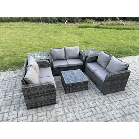Fimous 6 places Ensemble de meubles de jardin en rotin avec Table basse carrée Love Sofa 2 Tables d'appoint