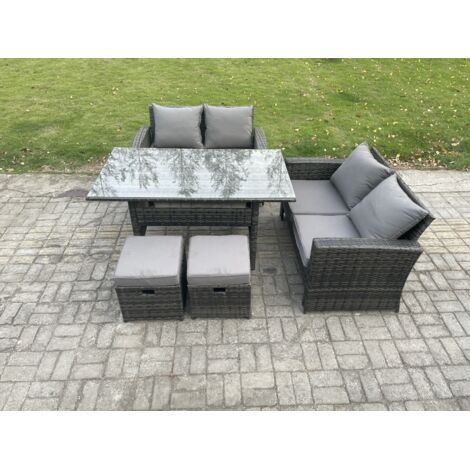 Fimous 6 places Ensemble de meubles de jardin en rotin  canapé deux places Table à manger rectangulaire 2 Petits repose-pieds Gris foncé mélangé