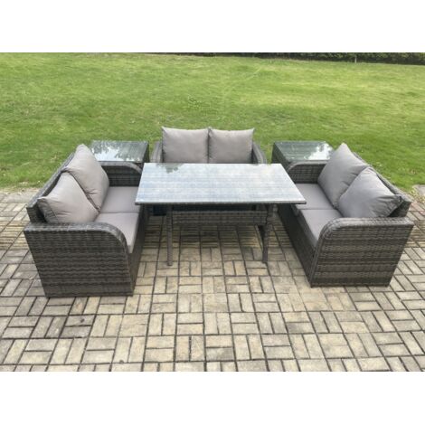 Fimous 6 places Ensemble de meubles de jardin en rotin d'extérieur avec canapé deux places Table à manger rectangulaire 2 Tables d'appoint Gris foncé mélangé