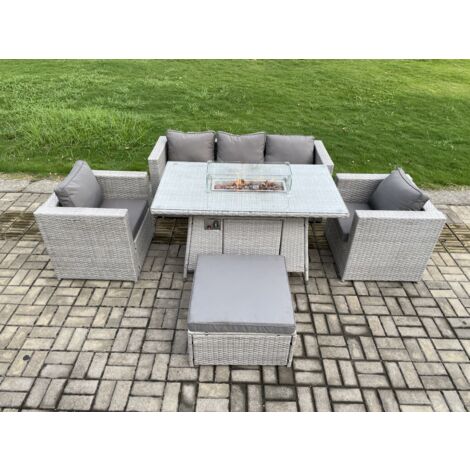 Fimous 6 places Ensemble Meuble de Jardin en rotin ave canapé, Table de foyer à gaz et 2 Fauteuil,Tabourets pour Pelouse Terrasse Intérieure Gris Clair