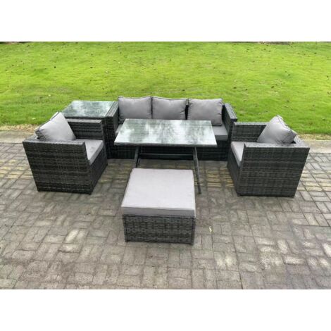 Fimous 6 places Ensemble Repas de Jardin Exterieur avec Canapé Table à manger oblongue 2 Fauteuil Stool Gris foncé mixte