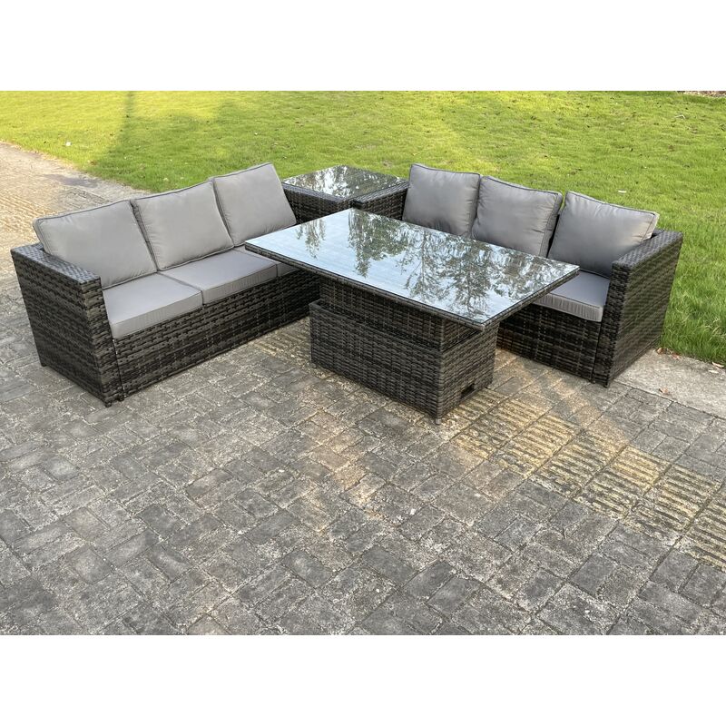 6 Places Extérieur En Rotin Canapé Set Réglable Ascenseur Table à Manger Thé Table Basse Gris Foncé - Fimous