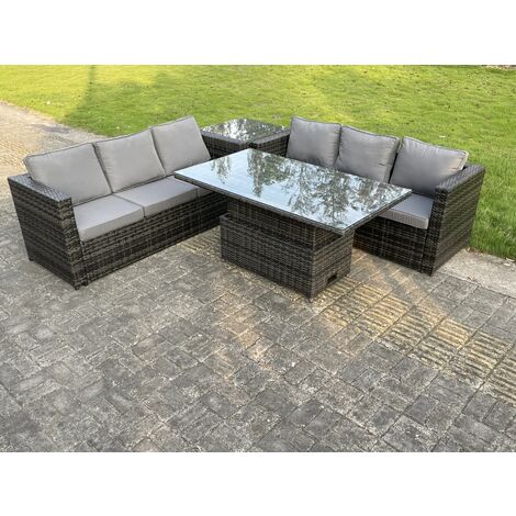 Fimous 6 Places Extérieur En Rotin Canapé Set Réglable Ascenseur Table À Manger Thé Table Basse Gris Foncé