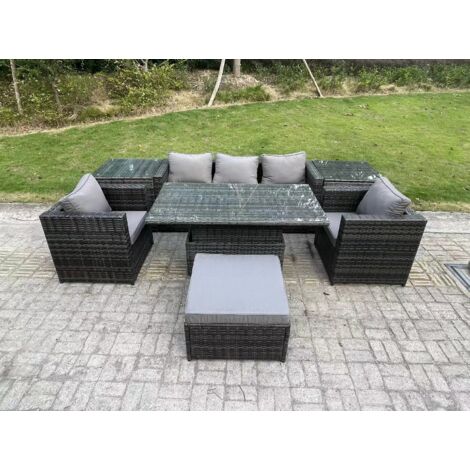 Fimous 6 Places Rotin Meubles De Jardin Ensemble Réglable Canapé D’extérieur Salle À Manger Table Élévatrice de 2 Fauteuils 2 Tables d’Appoint Grand Tabouret Table Gris Foncé Mixte