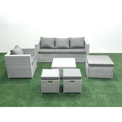 Fimous 6 places Salon de jardin avec Canapé 3 places Chaise Table basse carrée 3 Tabourets Gris clair mixte