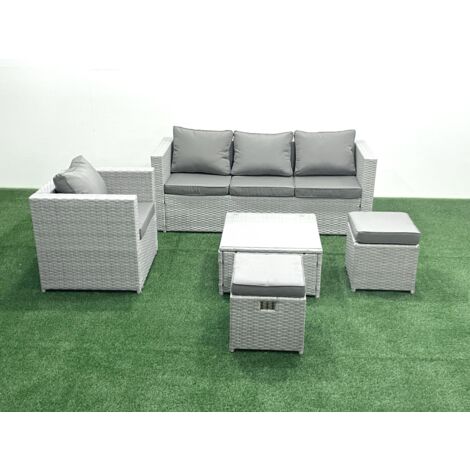 Fimous 6 places Salon de jardin avec Canapé 3 places Chaise Table basse carrée Grand tabouret Gris clair mixte