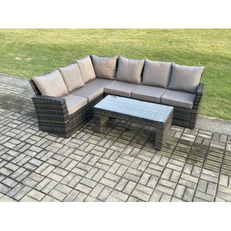 Fimous 6 Seat Ensemble de meubles de jardin en rotin avec canapé d'angle Gris foncé mélangé
