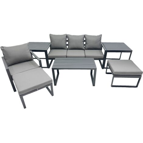 Fimous 6 Seat Outdoor Garden Furniture Set Aluminium Lounge 3 Seat Sofa Oblong Coffee Table Sets with Chair 2 Big Stools 2 Side Tables Dark Grey