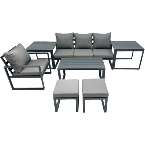 Fimous 6 Seat Outdoor Garden Furniture Set Aluminium Lounge 3 Seat Sofa Oblong Coffee Table Sets with Chair 2 Small Stools 2 Side Tables Dark Grey