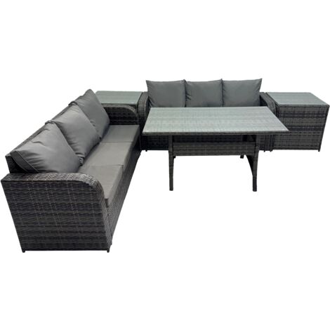 Fimous 6 Seat Outdoor Wicker PE Rattan Garden Furniture Set Dining Table Sofa Set with 2 Side Tables Dark Grey Mixed