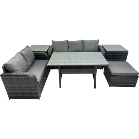 Fimous 6 Seat Outdoor Wicker PE Rattan Garden Furniture Set Dining Table Sofa Sets with Big Stool 2 Side Tables Dark Grey Mixed