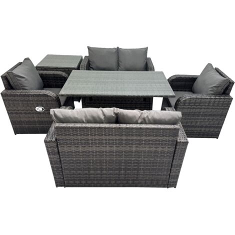 Fimous 6 Seat Outdoor Wicker PE Rattan Garden Furniture Set Dining Table Sofa Sets with Side Table Dark Grey Mixed