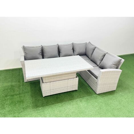 Fimous 6 Seat Rattan Garden Furniture Corner Sofa Set Outdoor Adjustable Lifting Dining or Coffee Table Set Light Grey