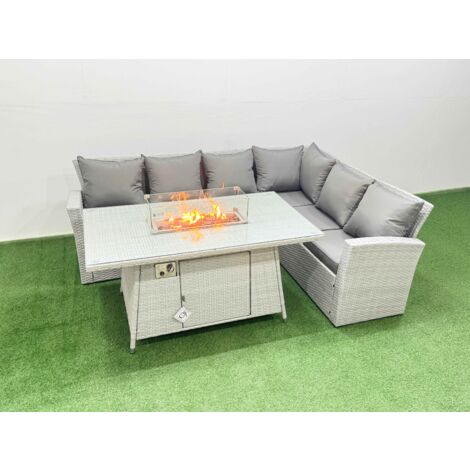 Fimous 6 Seat Rattan Garden Furniture Corner Sofa Set Outdoor Gas Fire Pit Table Set Light Grey