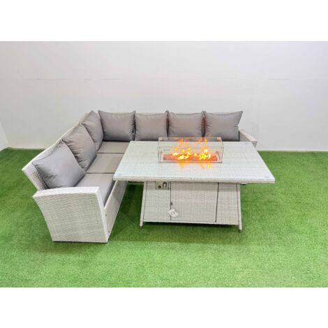 Fimous 6 Seat Rattan Garden Furniture Corner Sofa Set Outdoor Gas Fire Pit Table Sets Light Grey