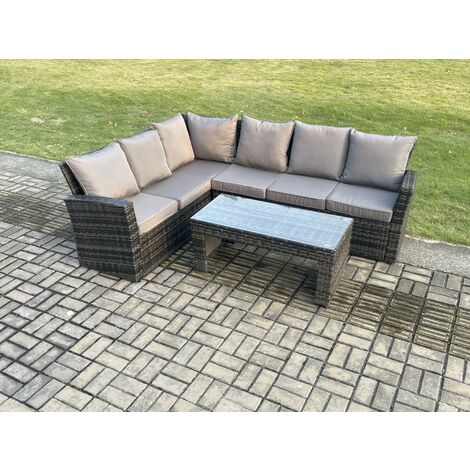 Fimous 6 Seat Rattan Garden Furniture Corner Sofa Set Outdoor Patio Sofa Table Set Dark Grey Mixed