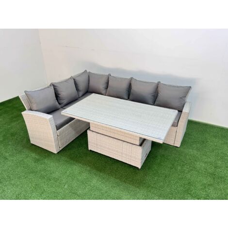Fimous 6 Seat Rattan Outdoor Garden Furniture Corner Sofa Set Adjustable Lifting Dining or Coffee Table Set Light Grey