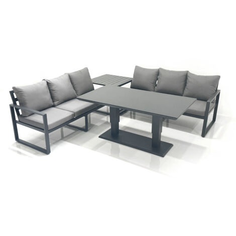 Fimous 6 Seater Aluminium Outdoor Garden Furniture Set with Adjustable Rising Lifting Dining Table 3 Seater Sofa Side Table Dark Grey