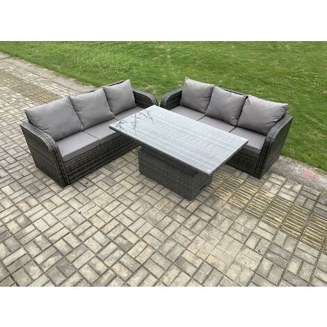 Fimous 6 Seater Garden Dining Sets Outdoor Rattan Furniture Lounge Sofa Height Adjustable Rising lifting Table Set Dark Grey Mixed
