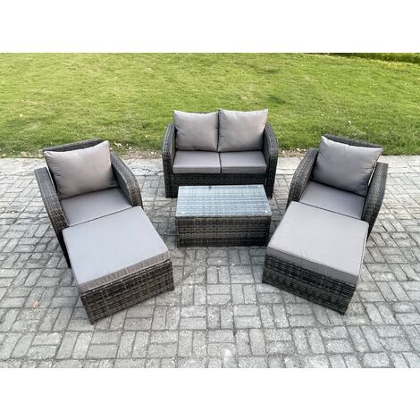 Fimous 6 Seater Garden Furniture Set Rattan Outdoor Lounge Sofa Chair With Tempered Glass Table 2 Big Footstool Dark Grey Mixed