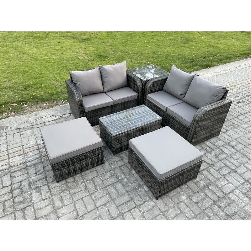 6 Seater Garden Furniture Set Rattan Outdoor Lounge Sofa Chair With Tempered Glass Table 32 Big Footstools Side Table Dark Grey Mixed - Fimous