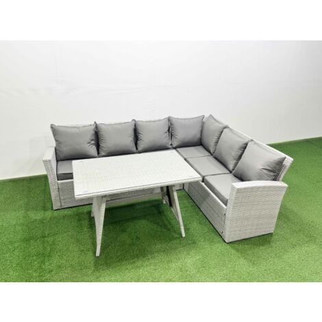 Fimous 6 Seater Garden Outdoor Rattan Furniture Set Rattan Corner Sofa Oblong Dining Table Set Light Grey Mixed