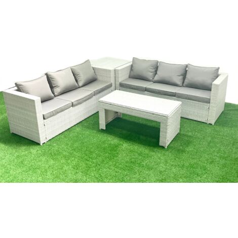 Fimous 6 Seater Garden Outdoor Rattan Furniture Set Rattan Garden Sofa Oblong Coffee Table with Side Table Light Grey Mixed