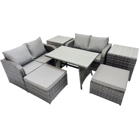 Fimous 6 Seater Garden Outdoor Rattan Furniture Set Rattan Sofa Oblong Dining Table with 2 Side Table Dark Grey