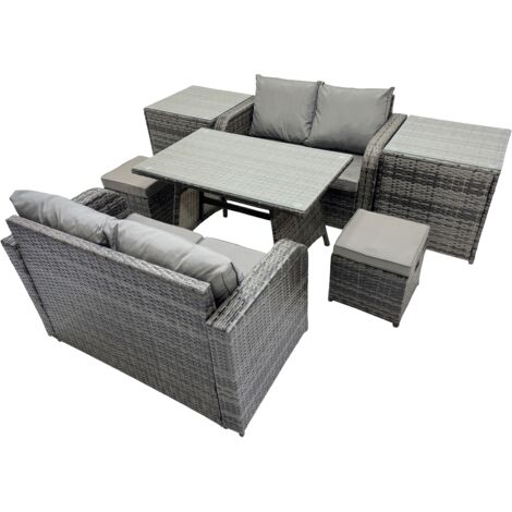 Fimous 6 Seater Garden Outdoor Rattan Furniture Set Rattan Sofa Oblong Dining Table with 2 Small Footstools 2 Side Table Dark Grey