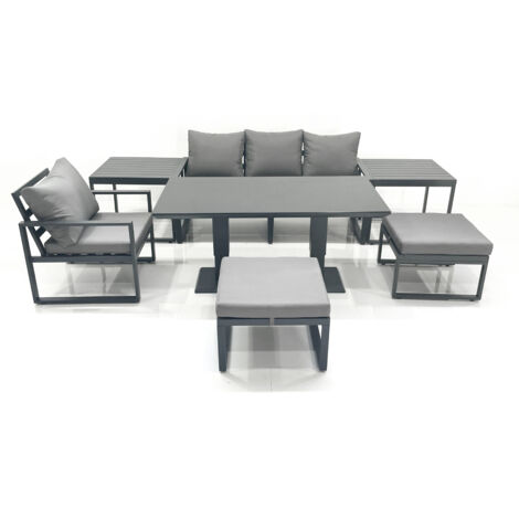 Fimous 6 Seater Garden Sofa Set Aluminium Furniture Rising Dining Tabe Set with Chair 2 Big Footstool 2 Side Tables Dark Grey