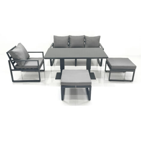 Fimous 6 Seater Garden Sofa Set Aluminium Furniture Rising Dining Tabe Set with Chair 2 Big Footstool Dark Grey