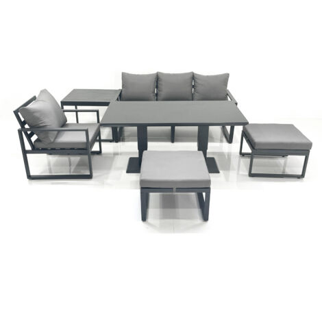 Fimous 6 Seater Garden Sofa Set Aluminium Furniture Rising Dining Tabe Set with Chair 2 Big Footstool Side Table Dark Grey