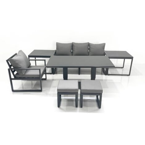 Fimous 6 Seater Garden Sofa Set Aluminium Furniture Rising Dining Tabe Set with Chair 2 Side Table 2 Small Footstools Dark Grey