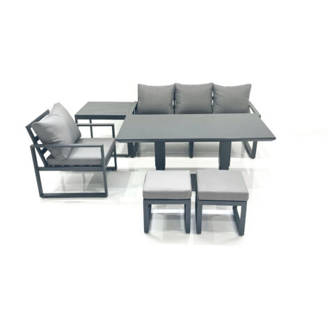 Fimous 6 Seater Garden Sofa Set Aluminium Furniture Rising Dining Tabe Set with Chair Side Table 2 Small Footstools Dark Grey