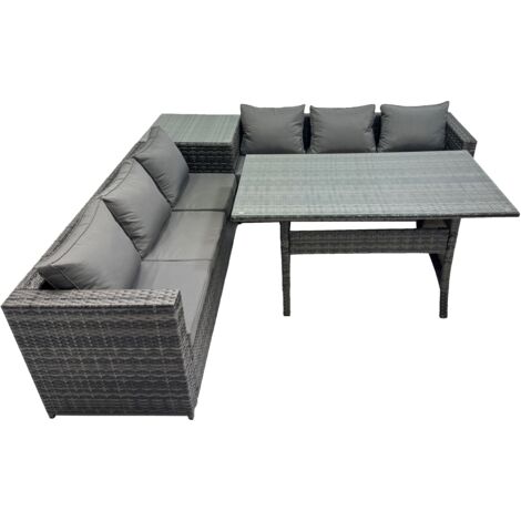Fimous 6 Seater Outdoor Corner Sofa Dining Table Set Garden Rattan Furniture Set with Side Table Dark Grey