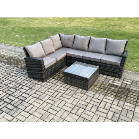 Fimous 6 Seater Outdoor Furniture Garden Dining Set Rattan Corner Sofa Set with Square Coffee Table Dark Grey Mixed