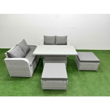Fimous 6 Seater Outdoor Love Sofa Set Rattan Garden Furniture Set with Adjustable Lifting Dining or Coffee Table 2 Footstool Light Grey