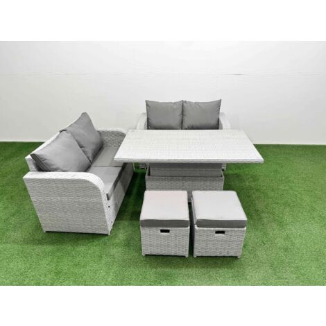 Fimous 6 Seater Outdoor Love Sofa Set Rattan Garden Furniture Set with Adjustable Lifting Dining or Coffee Table 2 Small Stools Light Grey