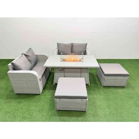 Fimous 6 Seater Outdoor Love Sofa Set Rattan Garden Furniture Set with Firepit Dining Table 2 Footstool Light Grey