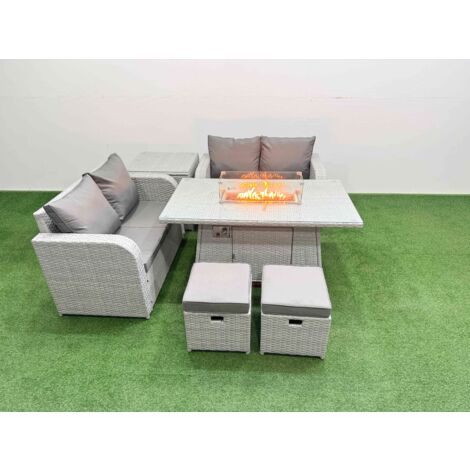 Fimous 6 Seater Outdoor Love Sofa Set Rattan Garden Furniture Set with Firepit Dining Table 2 Small Stools Side Table Light Grey