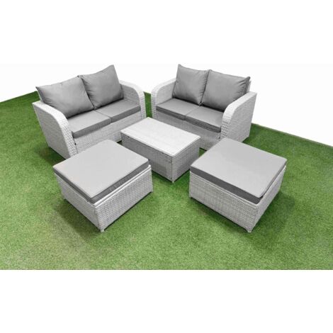 Fimous 6 Seater Outdoor Love Sofa Set Rattan Garden Furniture Set with Rectangular Coffee Table 2 Footstool Light Grey