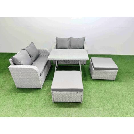 Fimous 6 Seater Outdoor Love Sofa Set Rattan Garden Furniture Set with Rectangular Dining Table 2 Big Footstool Light Grey