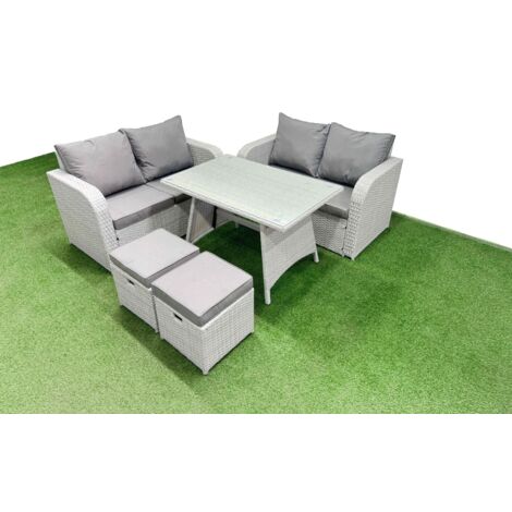 Fimous 6 Seater Outdoor Love Sofa Set Rattan Garden Furniture Set with Rectangular Dining Table 2 Small Footstool Light Grey